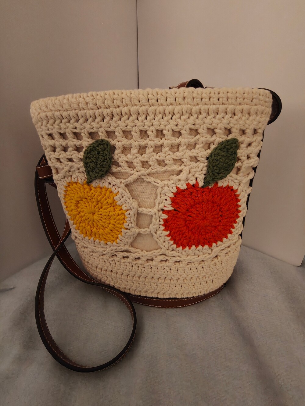 STAUD Crochet Shoulder Bag Brown Leather Strap Orange Yellow Flowers